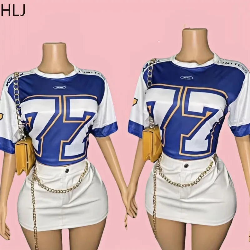 HLJ GG American Style Y2K Fashion Letter Print Tshirts Two Piece Sets Women O Neck Loose Top Denim Mini Skirts Outfits Street 250801