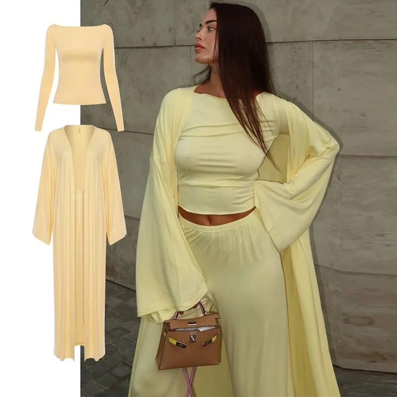 DriftWear Summer Casual Long Cardigan Long Sleeved Top High Waisted Pants Fashionable Set Office Wear 3pcs Baggy Suit Pants 250801