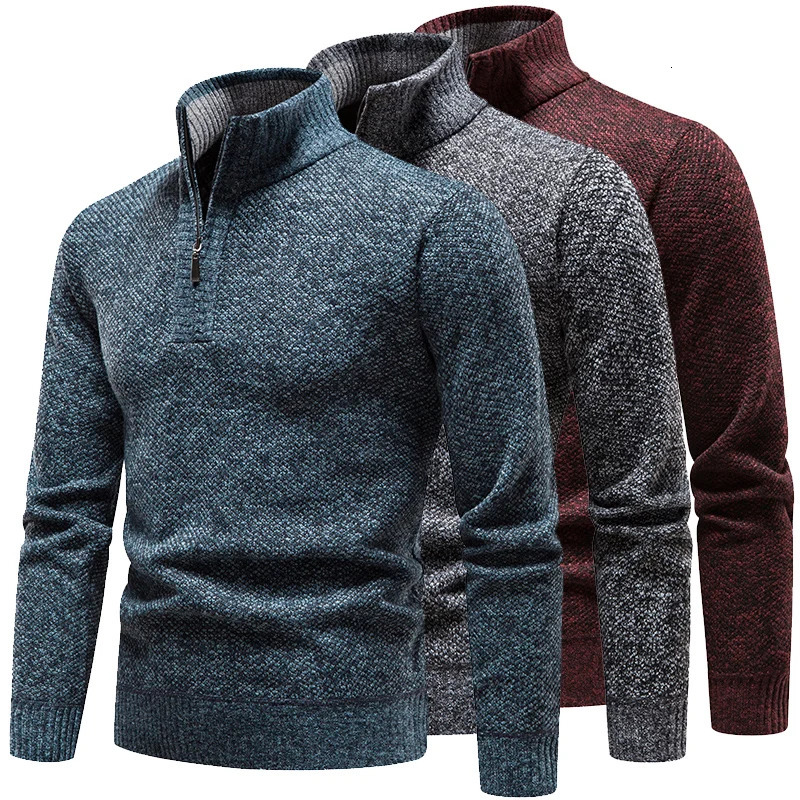 Mens Stand Collar Sweater Solid Color Velvet Jumpers Slim Fit Elegant Brown Knitted Sweater 250805
