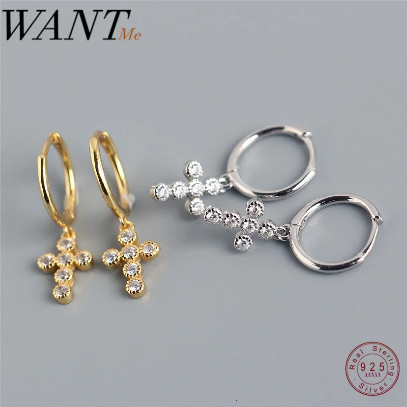 WANTME Fashion Genuine 100% 925 Sterling Silver Pave CZ Cross Gothic Stud Earrings for Women Party Bohemian Hip Hop Jewelry Gift 250806
