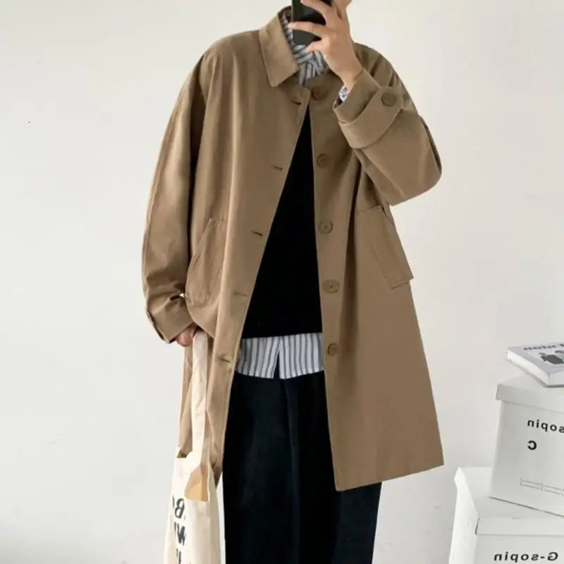 Mens Wear Autumn Fashion Single Breasted Trench Clothes Male Long Coat Loose Overcoat Trend Handsome Casual Windbreak 250804