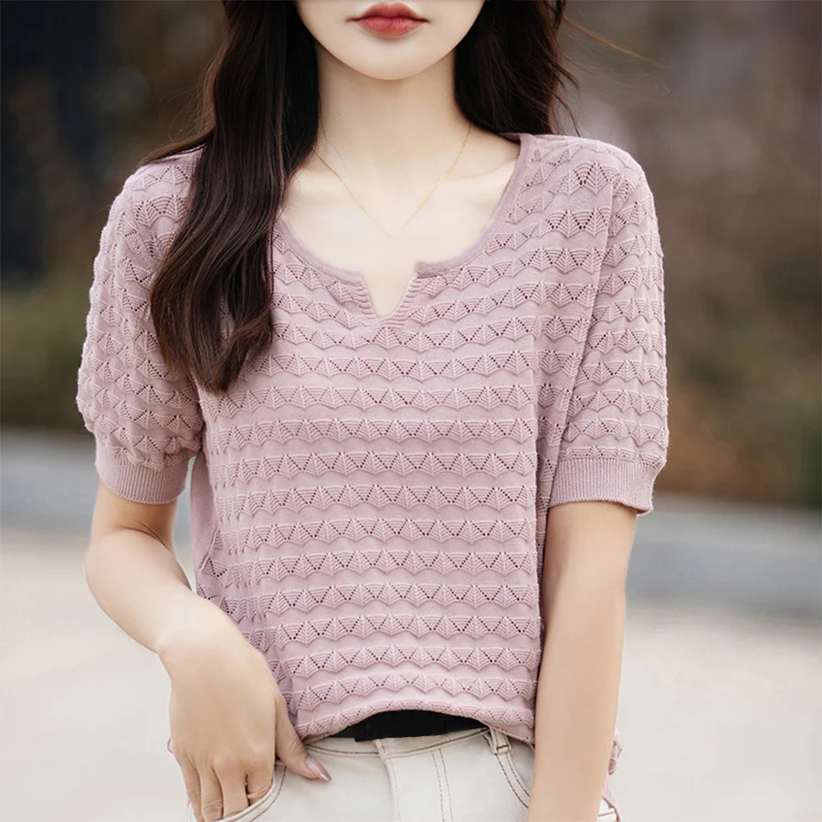 Womens T-shirt Summer Knitted Thin Short Sleeve Sweater Cotton Solid V-Neck Ladies Hollow Out Tops Blouse Basic Pullover Tees 250801