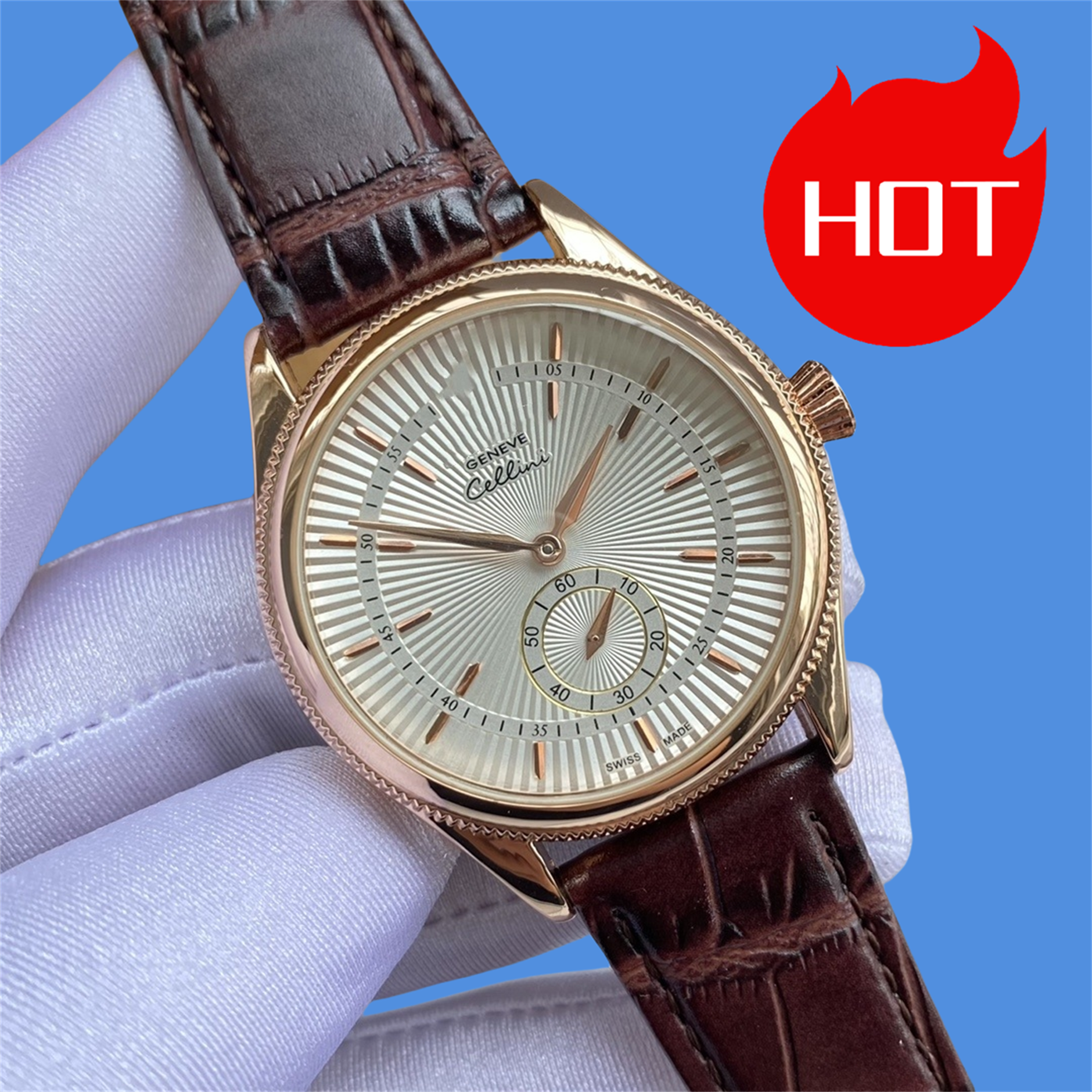 High quality mens Cellini watches quartz movement watch dial work chronometre wristwatch leather strap stainless steel case waterproof clock montre