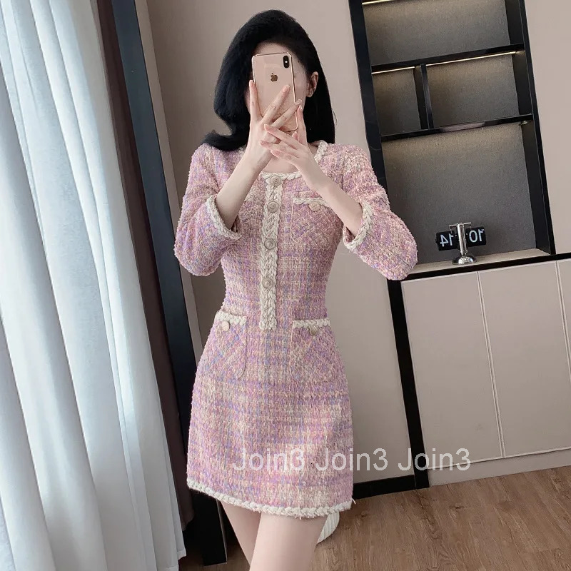 Female Autumn New Fashionable Plaid Round Neck Long Sleeved Commuting Tweed Dress