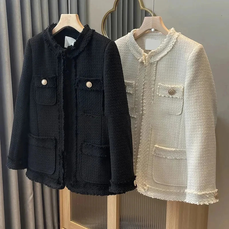 Fashion Weave Short Jacket Women Chic O-Neck Cropped Tweed Jacket Coat Spring Autumn Korean Black Beige Elegant Outerwear 250801