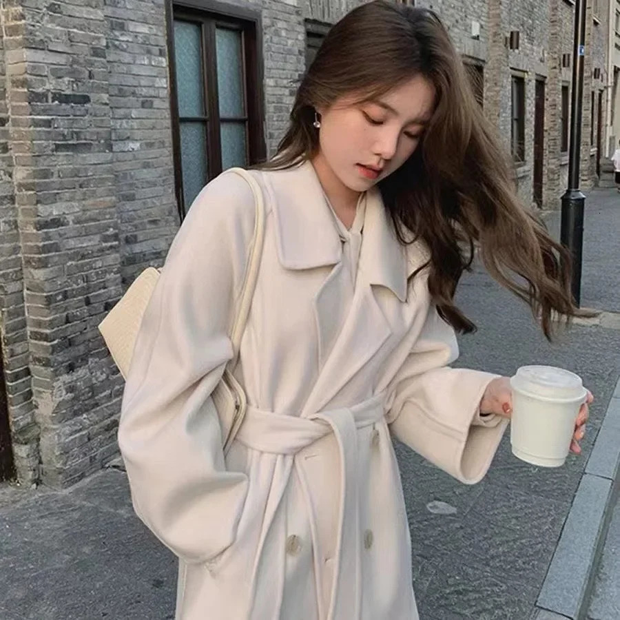 Fall Winter Elegant Hepburn Style Small Size Woolen Coat Loose Knitwear Outerwear Korean Fashion Thickened Large Coat 250805