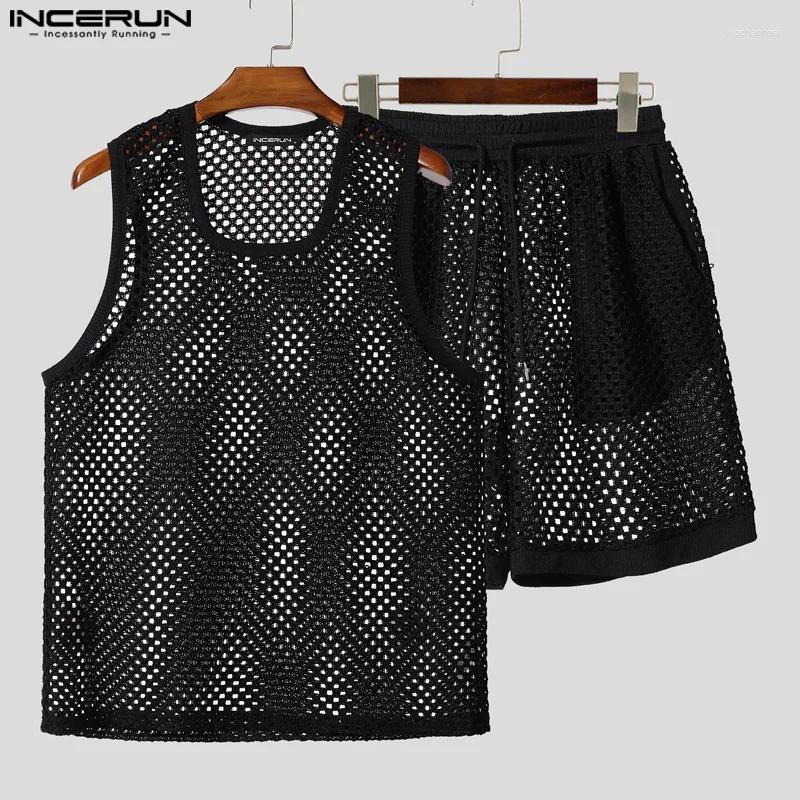Men's Tracksuits INCERUN Men Sets Solid Color Mesh Hollow Out See Through Tank Tops & Shorts 2PCS Summer Sexy Vacation Casual Suits 2025 5XL