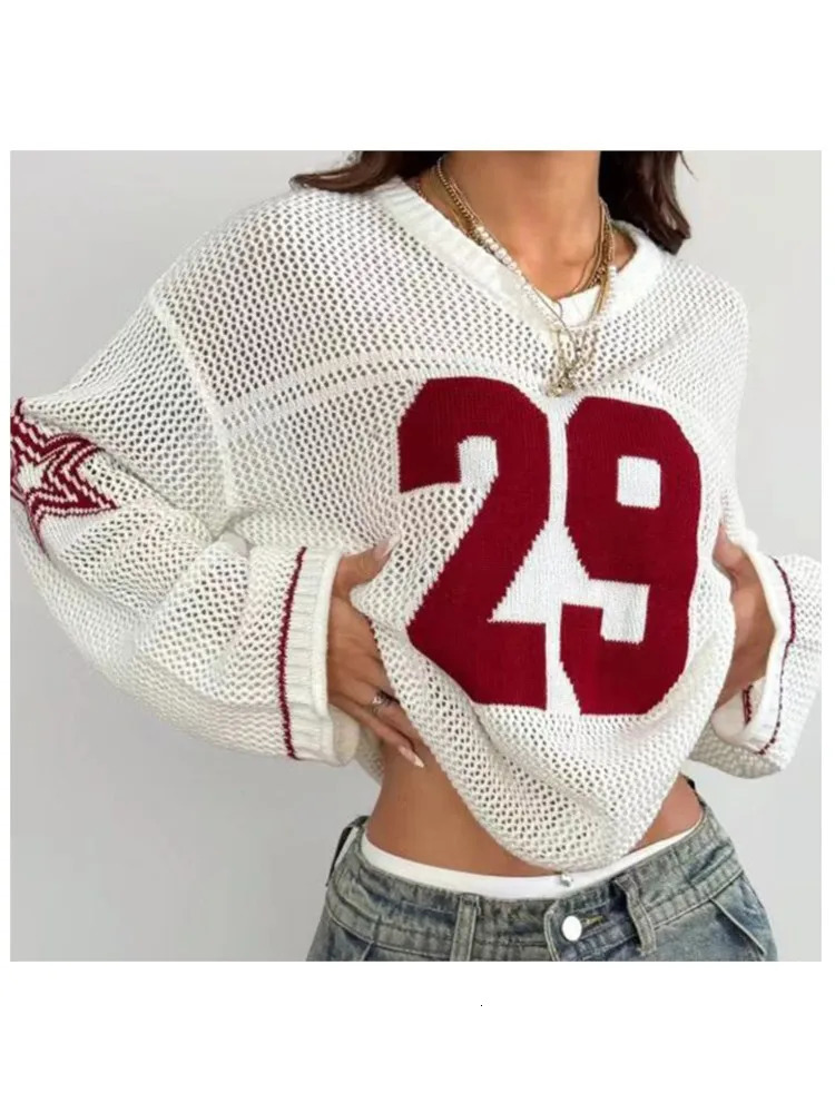 Y2K Fashion Mesh Hollow Out Knitted Pullover Letter Printing Loose Top Women V Neck Long Sleeve Sport Street Summer Sweater 250801