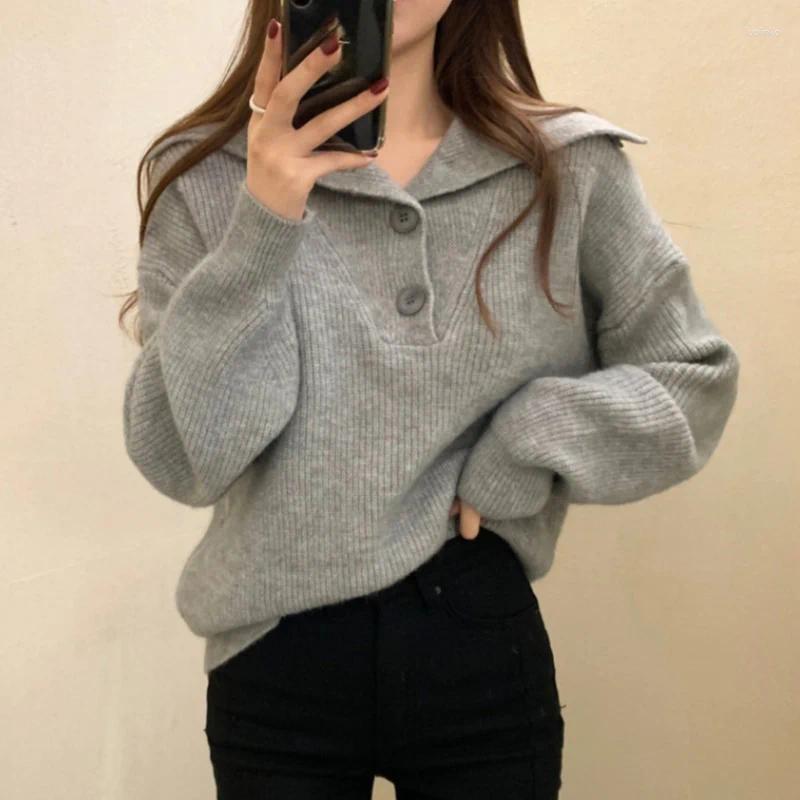 Women's Sweaters Fashion Turn Down Collar Knitted Women Korean Buttons Loose Pullovers Autumn Winter Solid Color Streetwear Jumper Tops