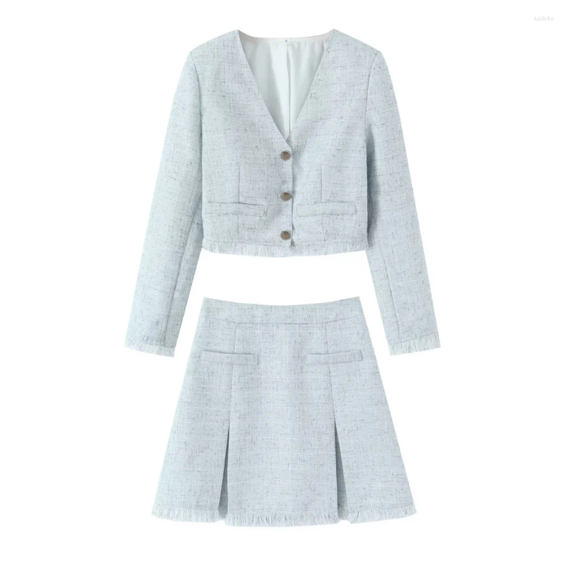 Two Piece Dress Zach Ailsa Women's Textured Woolen V-neck Long Sleeved Single Breasted Suit Jacket High Waisted Mini Skirt