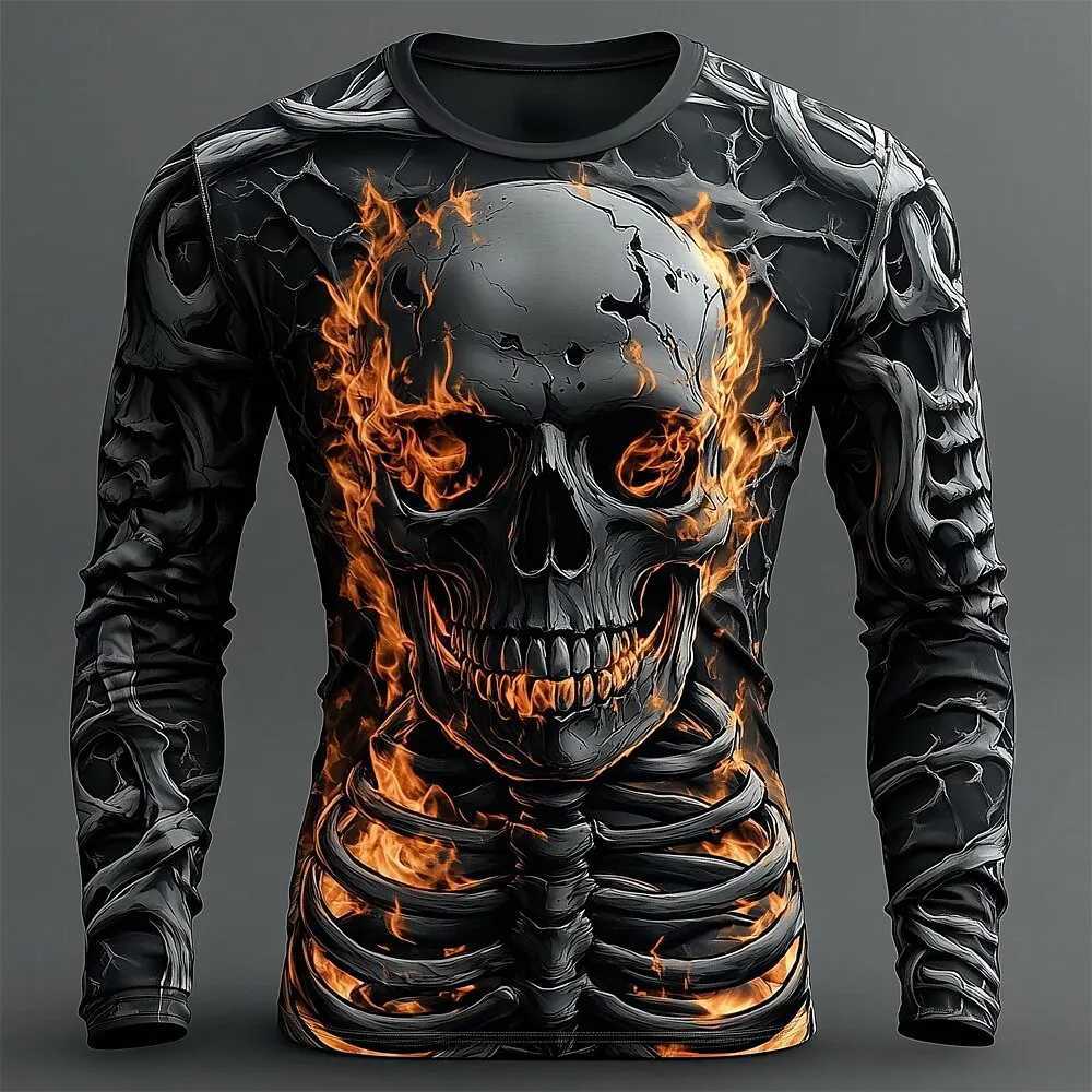 Creative Design 3D Skull Print Mens T-Shirt Autumn Daily Casual Long Sleeve Crew Neck Pullover Tees Oversize Breathable Clothes W250806