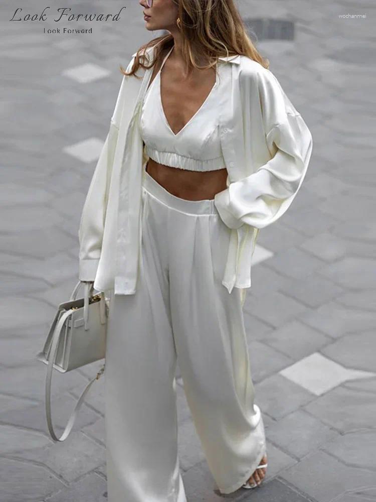 Women's Two Piece Pants Casual Satin Shirts Set Women Loose Spring Summer Lapel Buttons Blouse Elastic Waist Trousers Sets Lady Solid Suit