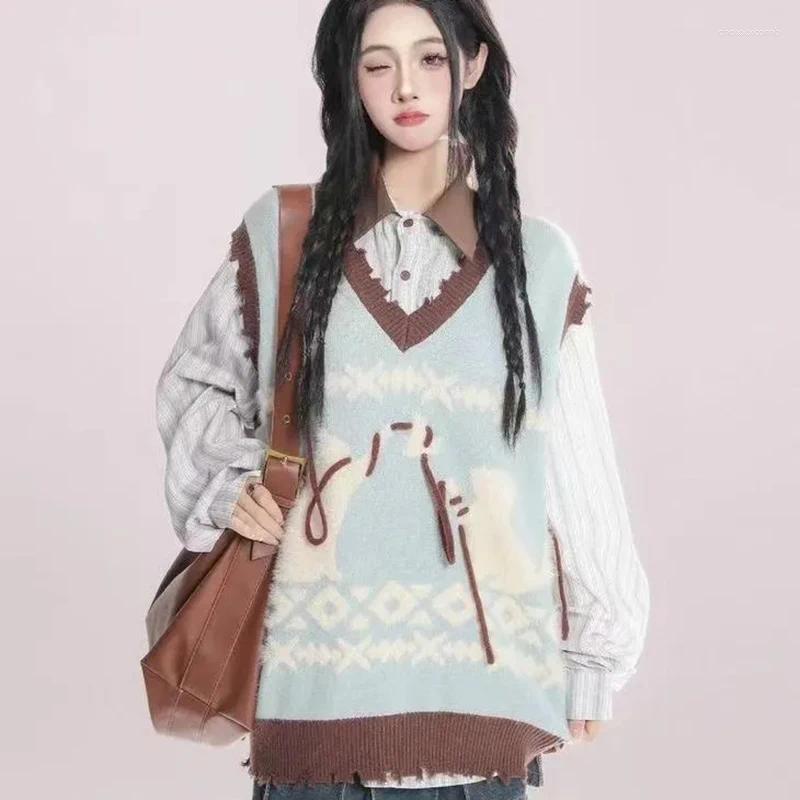 Women's Sweaters Japanese Vintage Knit Women Fall Lace Up Patchwork Sleeveless Vest Print Sweet Loose Casual Preppy Irregular Pullovers