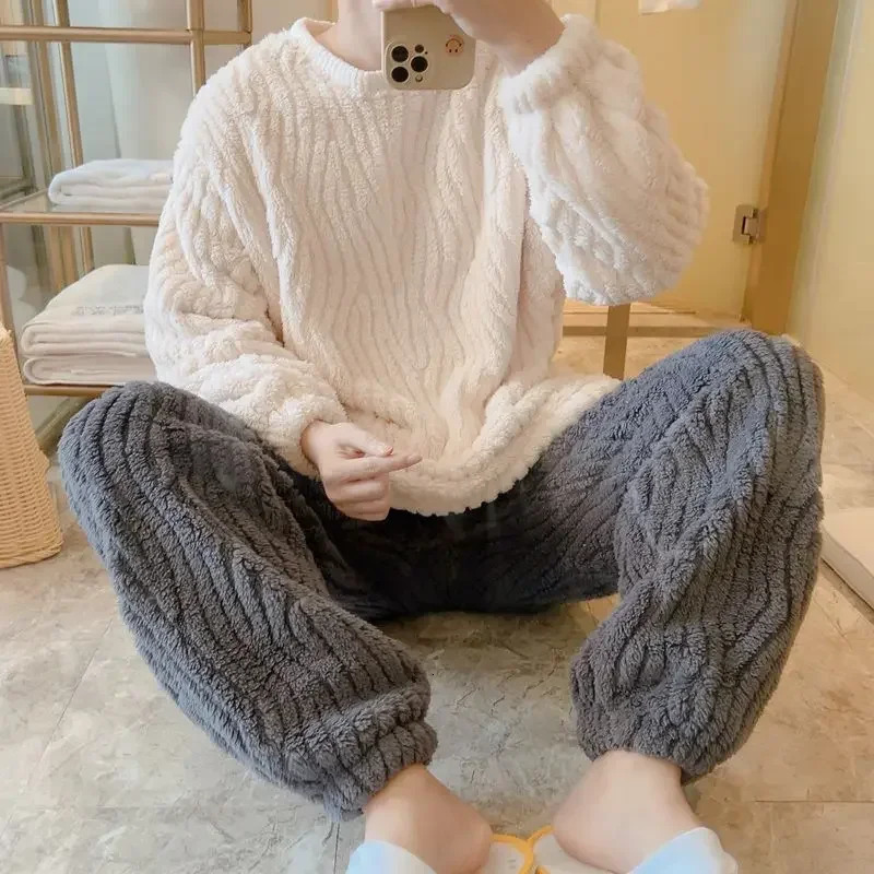 Mens Pajama Sets Winter Warm Thick 2 Piece Set Coral Fleece Loose Long Sleeve Solid Color Homewear O Neck Fashion Pajama Sets 250804