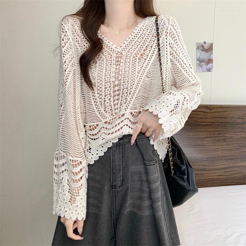 Women's Sweaters Sheer Crochet Top V-Neck Long Sleeve Open-knit Embroidery Blouse Women Summer Boho Vacation Beach Cover Up Outfit