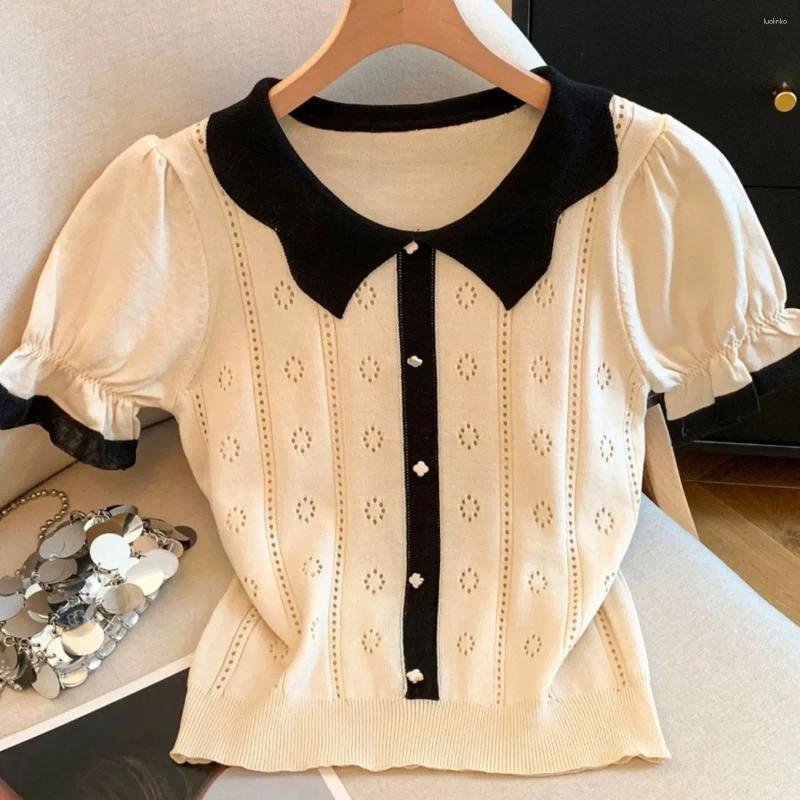 Women's Sweaters Summer Fashion Preppy Style Patchwork Turn-down Collar Short Sleeve Sweater Female Korean Hollow Out Knitting Pullovers Top