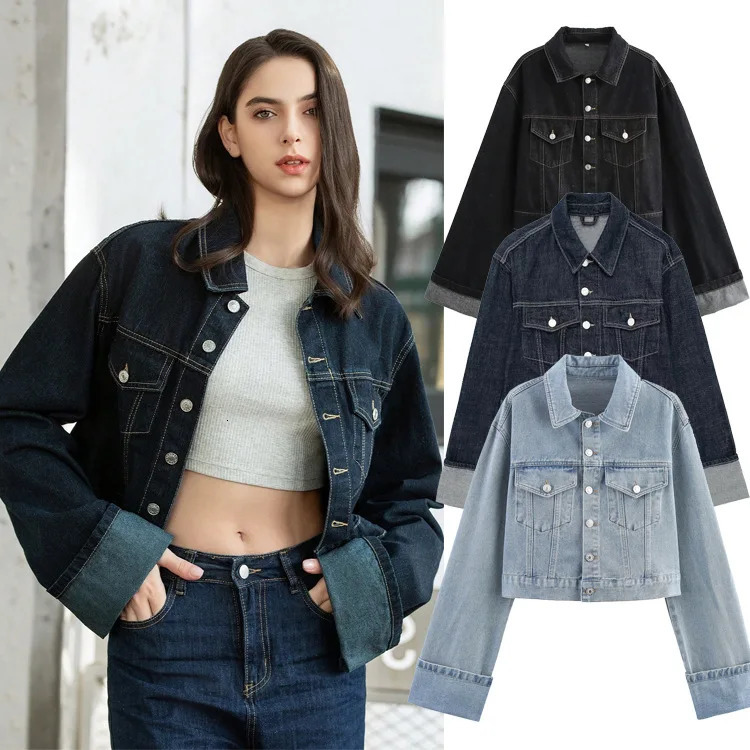 Fashion Casual Commuting Women Denim Set Lapel Long Sleeve Crop Jacket Buttons Female Vintage Wide Leg Loose Jeans Long Pants 250806