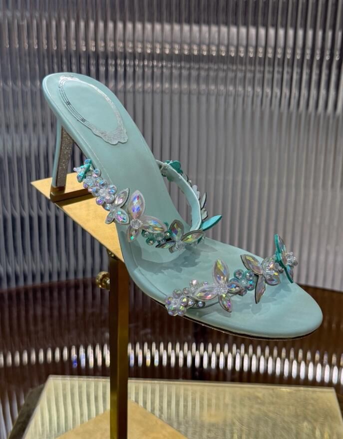 25S Summer Cleo mules open toe sandals crystal High heel slippers butterfly sandals rhinestone sandal women Top quality heels shoes 35-43