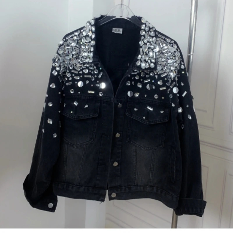 Women Rhinestones Beaded Sequins Black Denim Jacket Spring Autumn Crystal Jean Coat Loose Long Sleeve Streetwear Cowboy Cardigan 250804