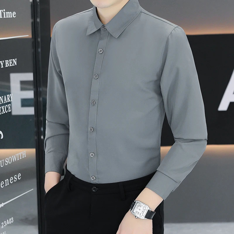 Anti-Wrinkle Mens Shirts Long Sleeve Dress Shirts Male Slim Fit Camisa Social Business Blouse Gray Office Classic Shirt 5XL 250804