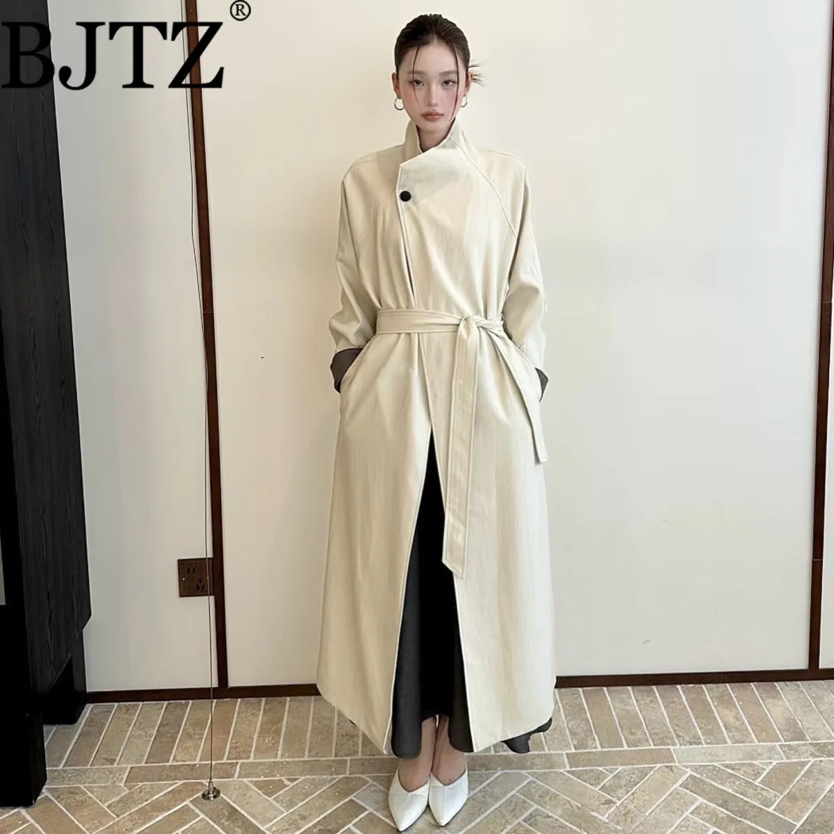 BJTZ Pure Versatile Loose Trench Jacket For Women Autumn Lace-up Large Lapel Temperament Office Lady Windbreaker Coat 250801