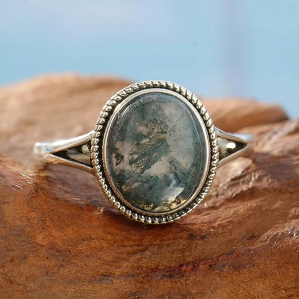 925 sterling silver moss agate womens ring natural inspiration green 8x10mm gemstone Bohemian jewelry couple accessories gift 250729