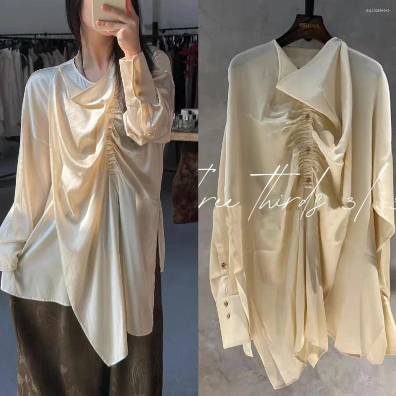 Women's Blouses Chinese Style Women Solid Silk Blend Irregular Blouse Elegant Lady All Match Satin O-neck Long Sleeve Pullover Tops Shirt