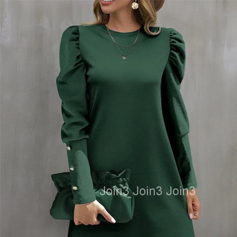 Elegant Party Dress Spring Autumn New Solid Color Round Neck Puff Sleeve Button Long Sleeve Loose Casual Sweatshirt Black Dress