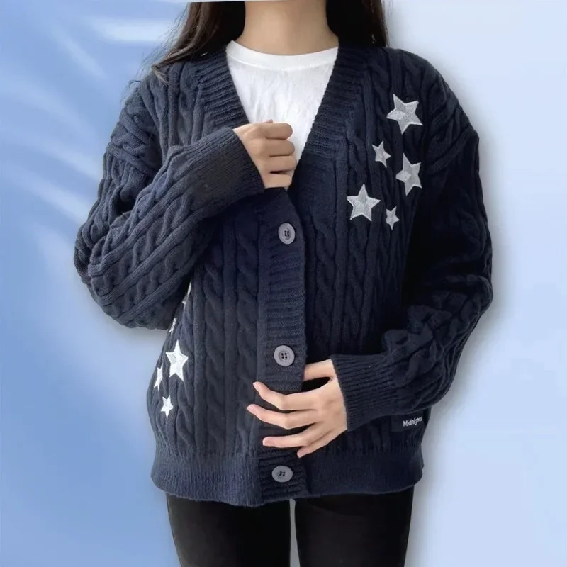 Winter Midnight Navy Blue Knitted Cardigans Women Spring Y2k Casual Star Embroidery Single Breasted XS-5XL Sweaters Dropshiping 250801