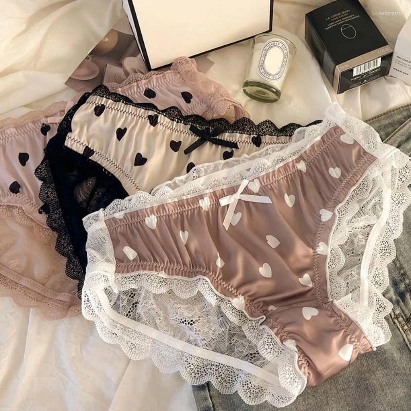Women's Panties Satin Silk Lace Bow Mesh Flower Love Pattern Transparent Underpants Mid Waist Seamless Briefs For Women Summer