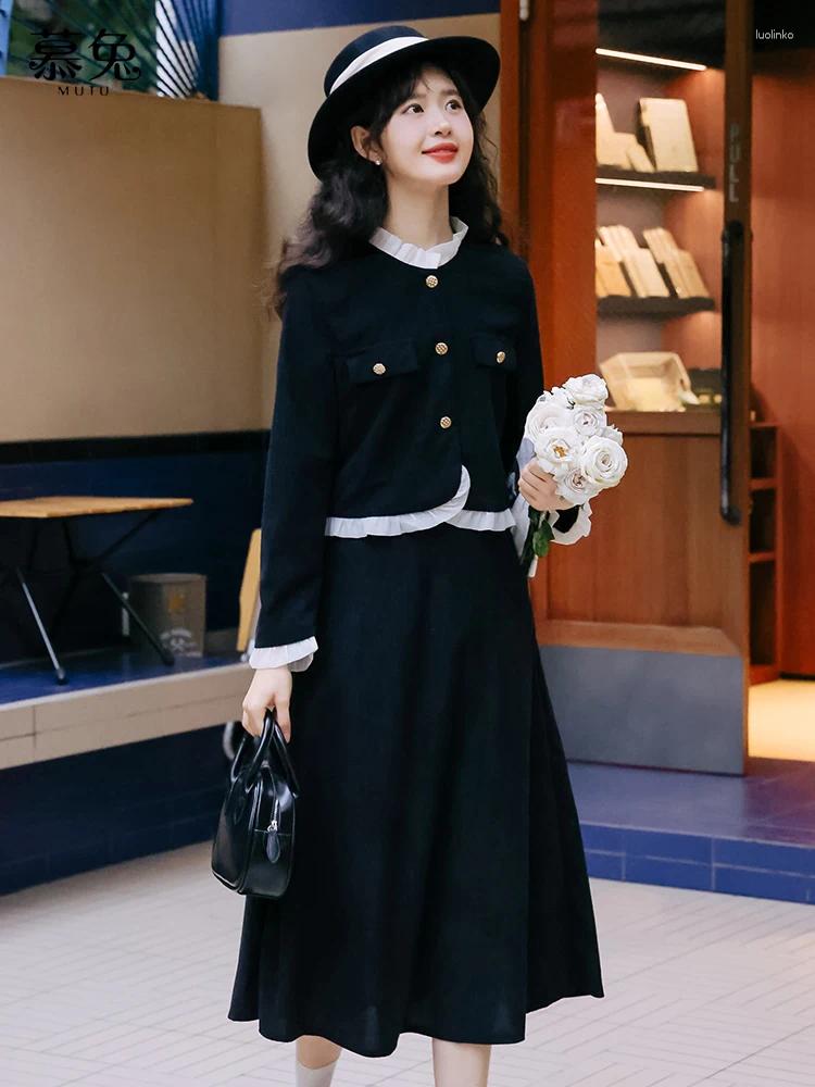 Two Piece Dress UNXX 2025 Autumn Skirt Coat Suits Women Korea Sweet Age Reducing Ruffle Edge Spliced High Waist Show Thin Long Sets