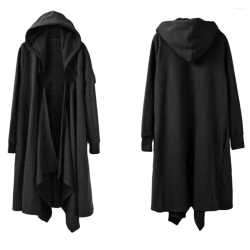 Men's Wool Men Ribbons Patchwork Punk Hip Hop Long Trench Coat Hooded Cloak Black Techwear Vlevet Jacket Overcoat Spring Autumn