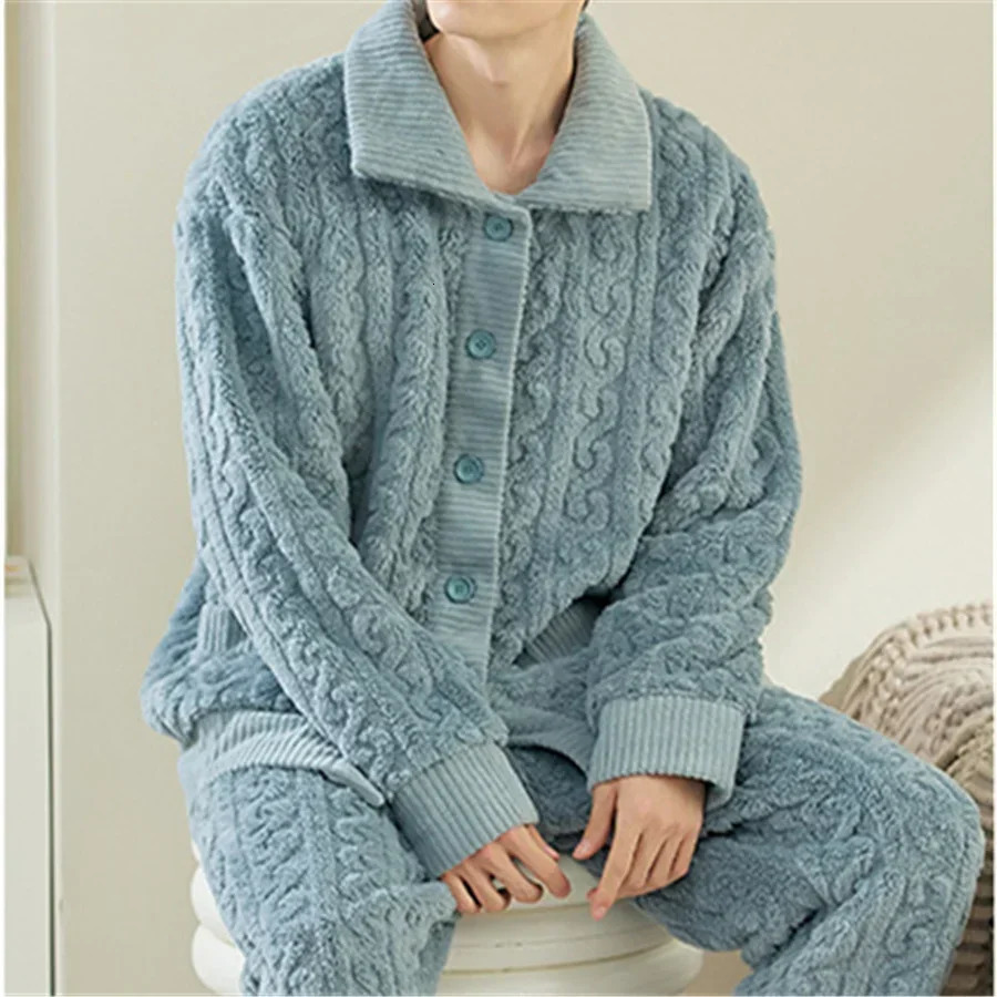 Men Warm Flannel Winter Pajamas Turn-down Collar Long Sleeve Homewear Two-piece Set Loose Comfortable Thick Sleepwear Nightwear 250804