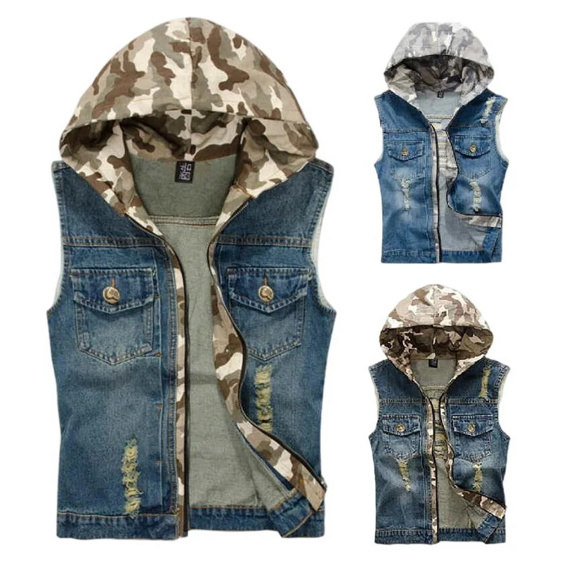 Camouflage Hooded Denim Jacket Mens Cowboy Vests Hooded Denim Waistcoat Mens Denim Sleeveless Jacket Three Colors Available 250804
