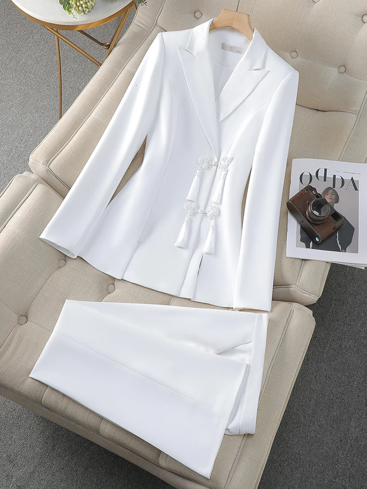 Elegant Autumn Winter Office Ladies Pant Suit Women White Black Female Work Wear Jacket Blazer and Trouser Formal 2 Piece Set 250805