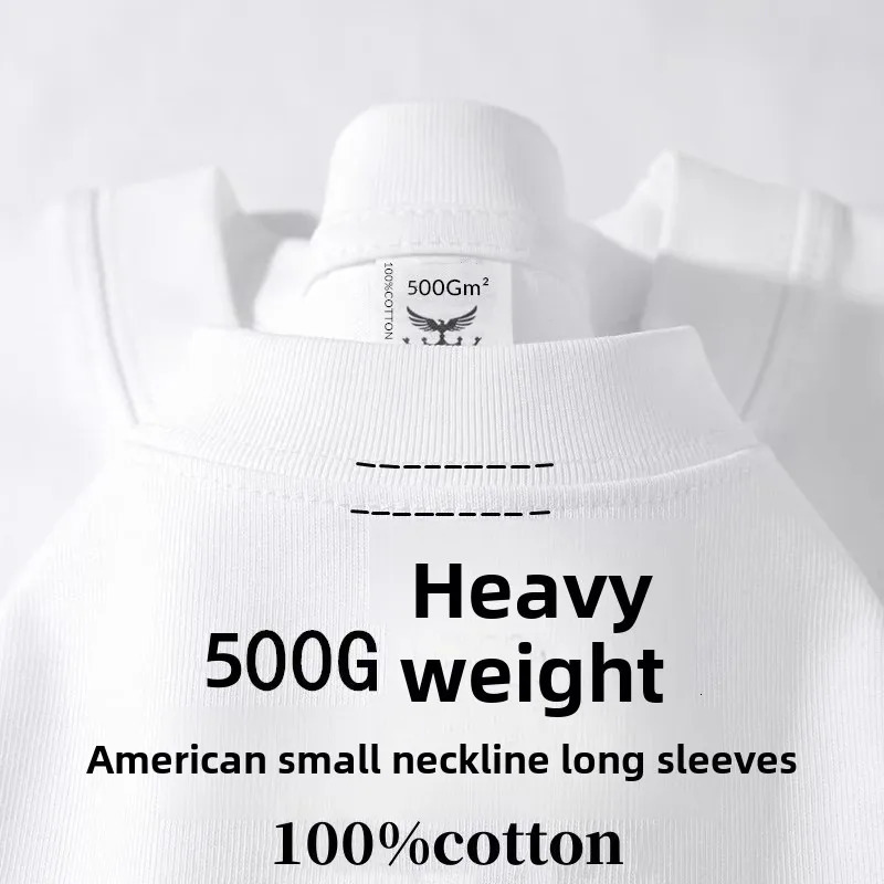 500G Heavy Cotton American Small Neckline Long-sleeved T-shirt Mens and Womens Threaded Cuffs Thick Opaque Top Bottoming Shirt 250804