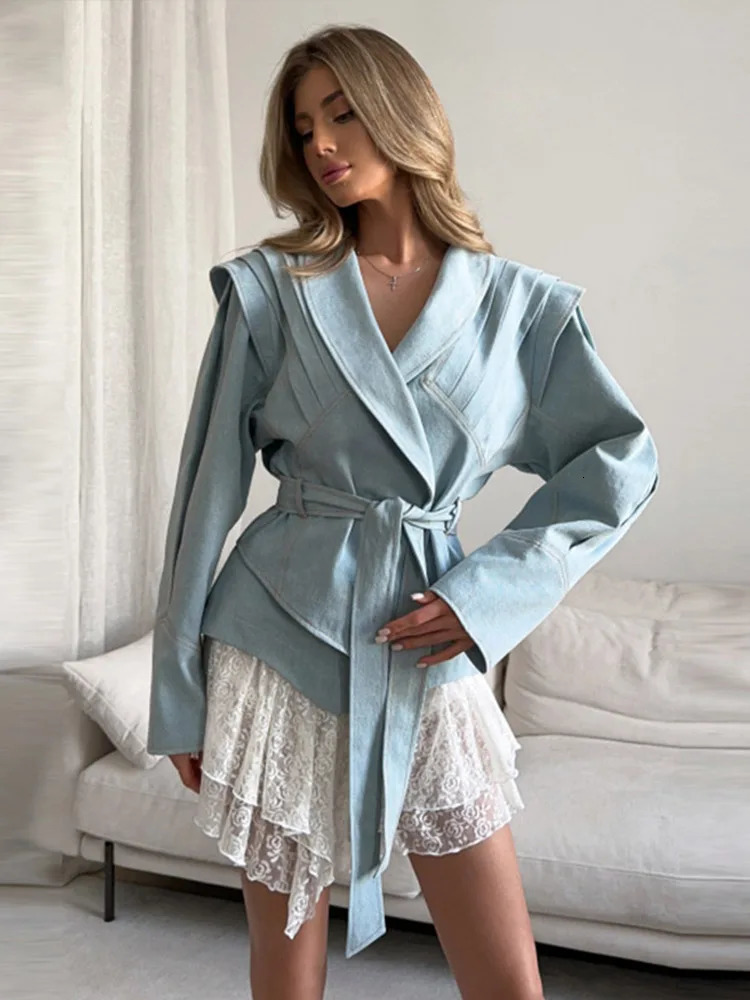 Lace Up Shoulder Pad Blazer Coat Womens Lapel Button Long Sleeve Pockets Coats Female Elegant Chic Loose Casual Outwear 250804