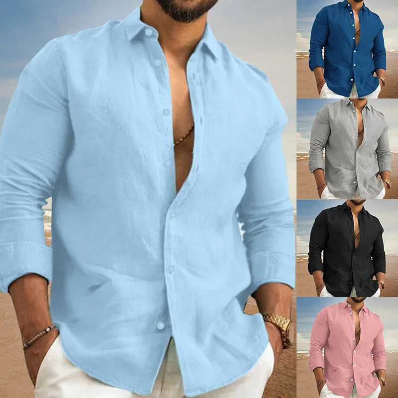Mens Linen Shirt Beachwear Button Casual Shirt Black White Long Sleeve Solid Color Lapel Spring Summer Men S-3XL W250806