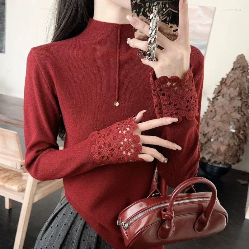 Women's Sweaters Red Sweater High-end Niche Lace Cuff Spliced Turtleneck Fashionable Inner Base Shirt