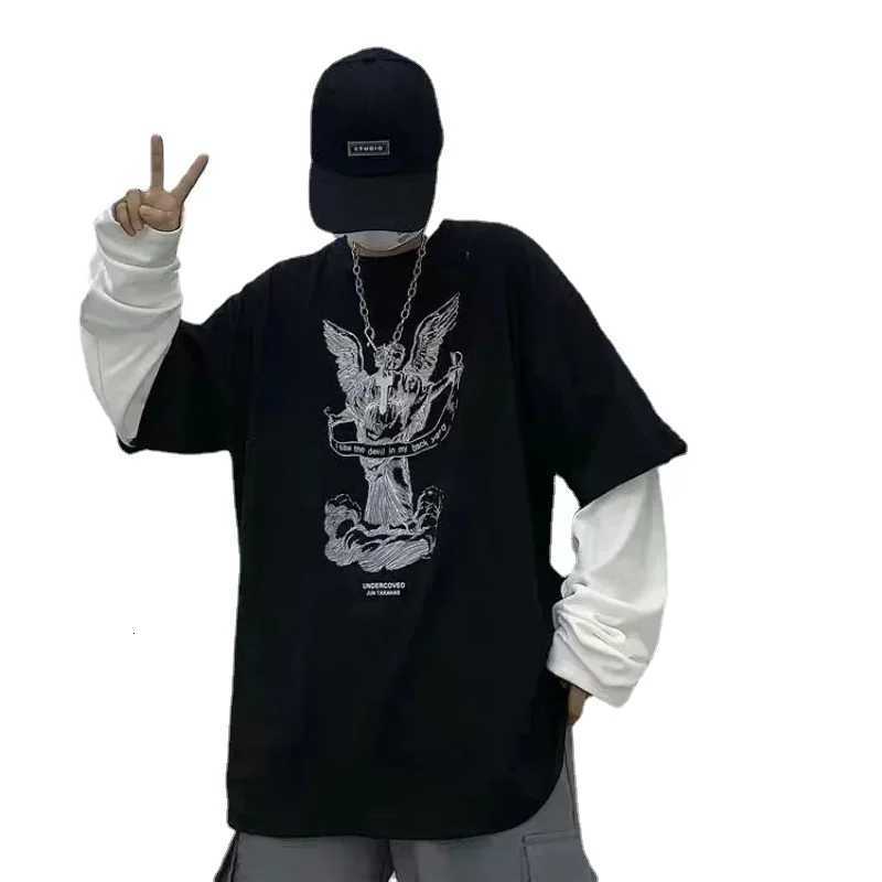 T-shirt for Men Oversized Long Sleeve Tee 2023 Spring Mens Clothing Patchwork Print Anime T-Shirt Tops Loose Vintage T-shirts W250806