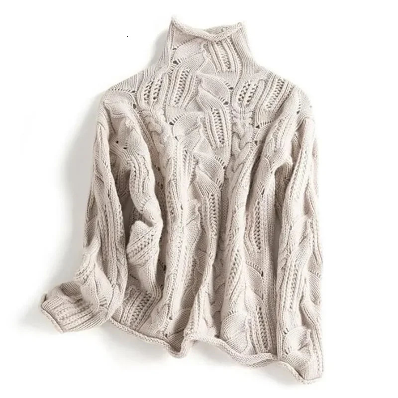 Women Wool Cashmere Sweater Twist Hollow Out Causal Loose Solid Knit Pullover Autumn Winter Turtleneck Knitwears Runway 342P250804