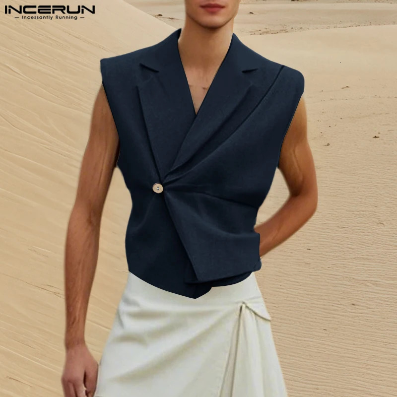 INCERUN Men Vests Solid Color Lapel Sleeveless Loose One Button Male Waistcoats Streetwear Casual Fashion Crop Vests Men 250804
