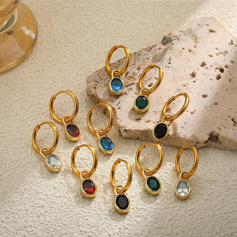 Delicate Multicolour Oval Zircon Crystal Hoop Earrings Gold Plated Stainless Steel Small Circle Earring Female Jewelry 250729