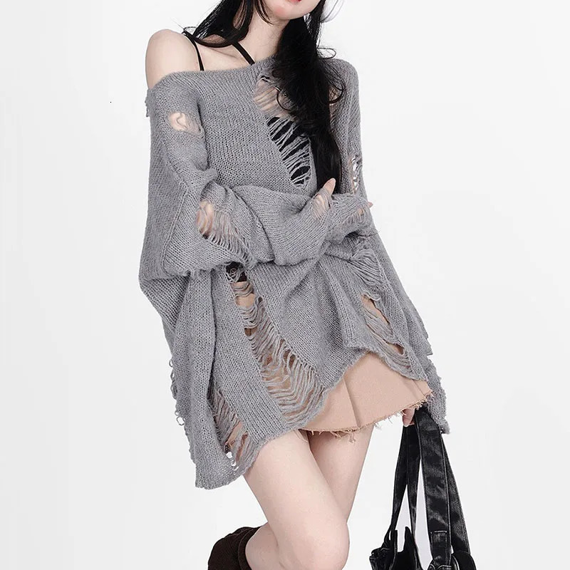 Oblique shoulder hollowed out top casual lazy pullover loose knit womens autumn hollowed out sweater long sleeve womens trend 250801