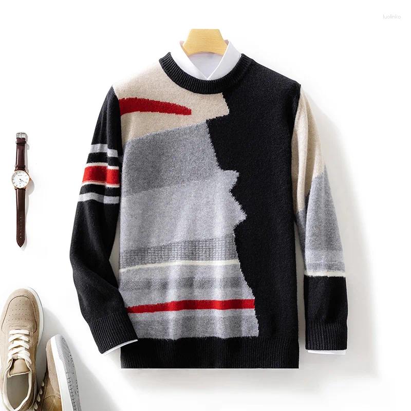 Men's Sweaters Merino Wool O-Neck Color-Blocking Knitted Design Sense Sweater Pullover Cashmere Long Sleeves Soft Casual Clothing Top