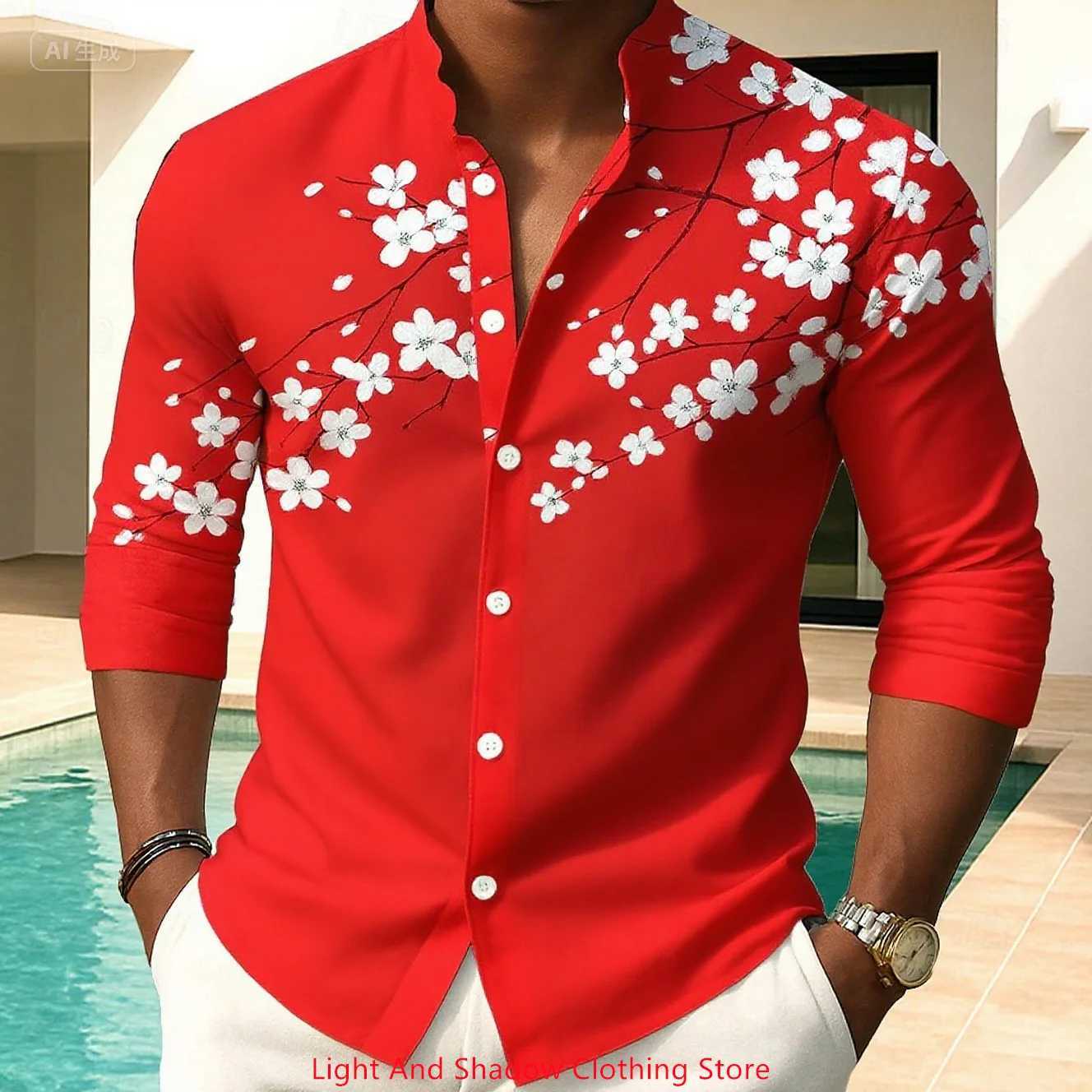 3D Printed Mens Long Sleeve Shirt Fashionable Casual Stand Up Collar Button Up Shirt Outdoor Vacation Daily Mens Clothing W250806