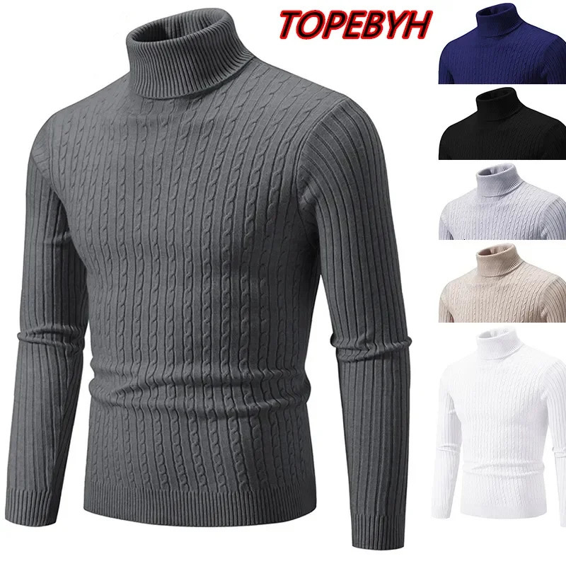 Mens High Neck Sweater Solid Color Pullover Knitted Warm Casual Turtleneck Sweatwear Woolen Mens Winter Outdoor Tops 250805