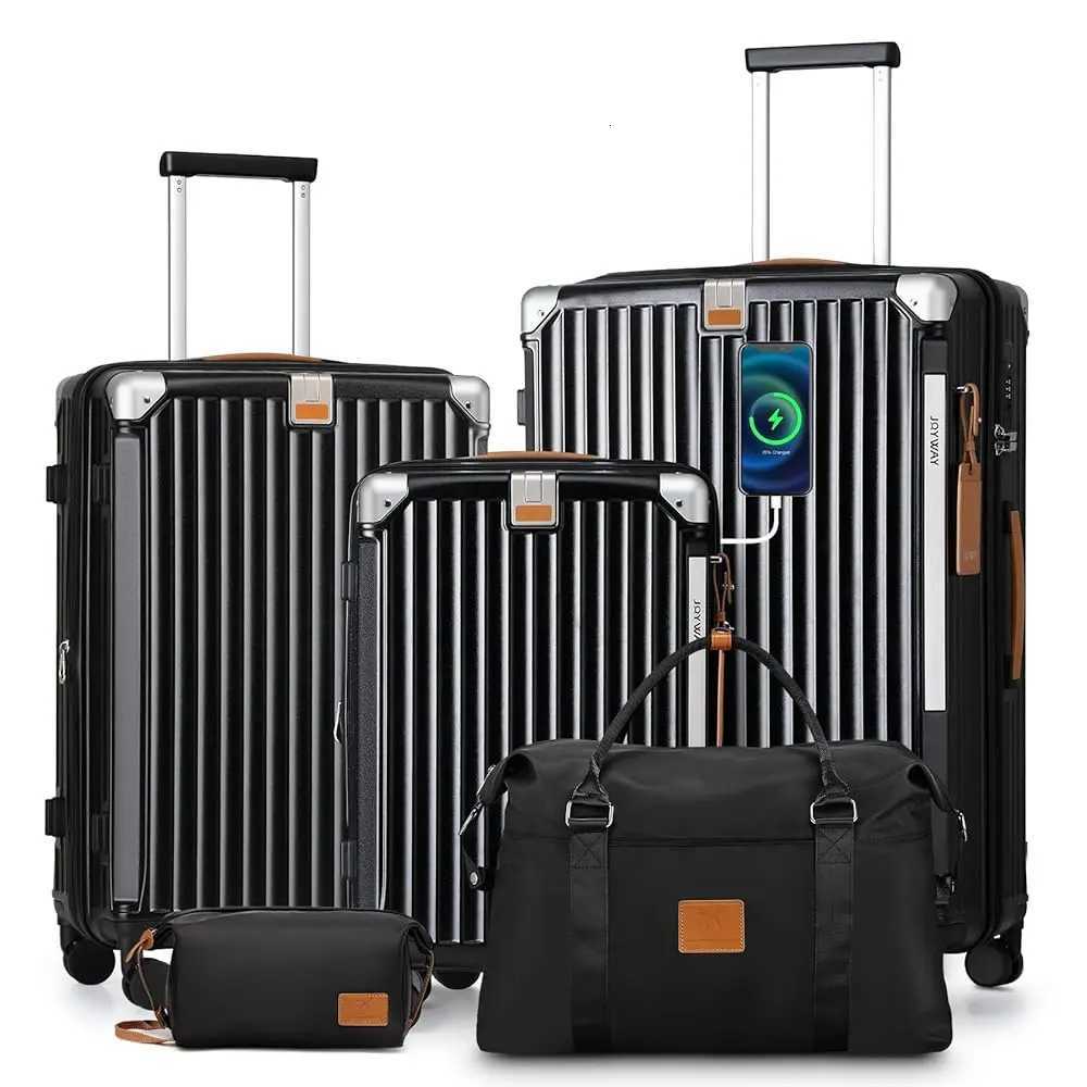 3/5pcs Black Luggage Set 20/24 inch Expandable Suitcase Cup Holder TSA Lock Non-Slip Wheels Lightweight and Durable W250805-image-1069932521