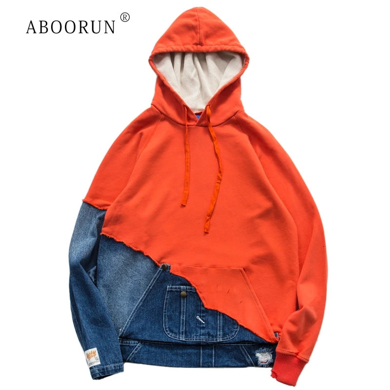 ABOORUN Vintage Denim Patchwork Jackets Mens Harajuku Loose Pullover Hooded Coat 250806