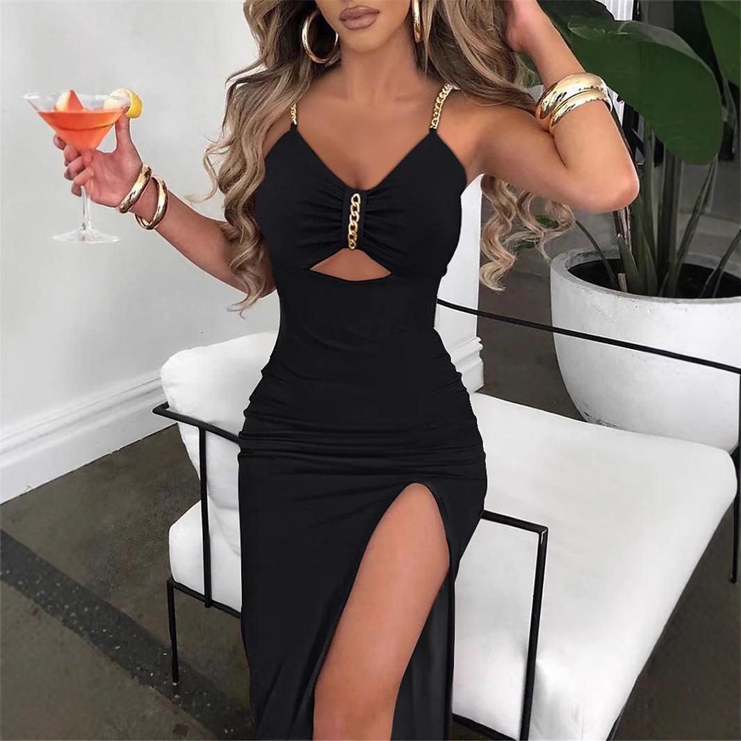Fashion Slit Chain Hollow Out Bodycon Sleeveless V-Neck Womens Dress 250806